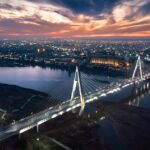 غروب چشمگیر شهر بزرگ و زیبای اهواز و نمایی از پل کابلی هشتم (غدیر)